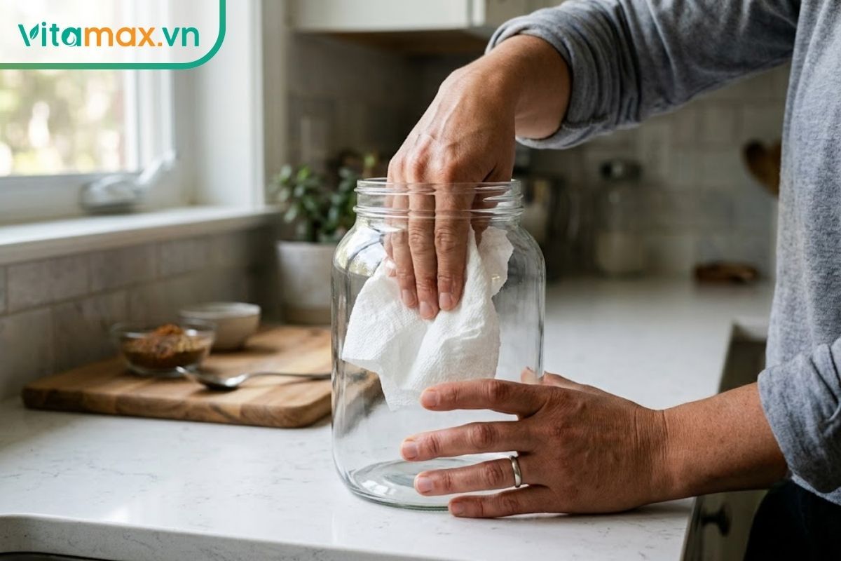 Bàn tay người đang dùng khăn giấy khô sạch để lau kỹ mặt trong của một chiếc hũ thủy tinh lớn tại không gian bếp.