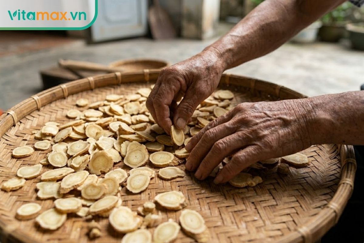 Bàn tay người lớn tuổi đang dàn đều các lát sâm Ngọc Linh tươi trên khay tre để làm ráo nước hoàn toàn trước khi ngâm.