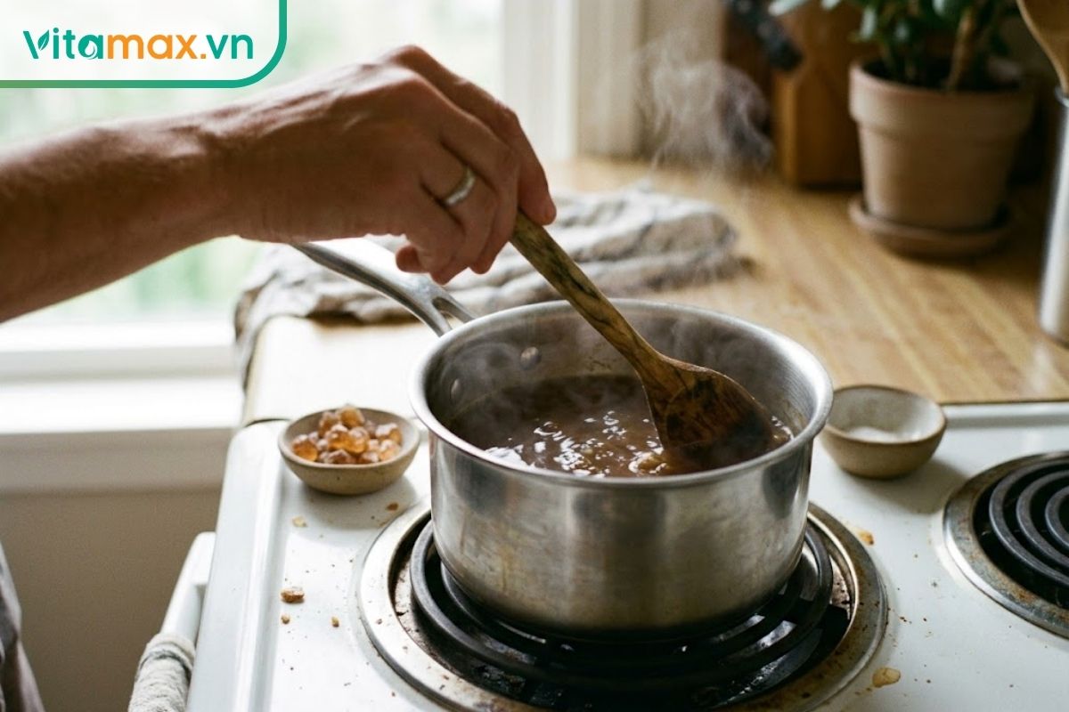 Nước linh chi đang được cô nhẹ trong nồi nhỏ để tạo hỗn hợp siro sánh, minh họa cách chế biến tại nhà.