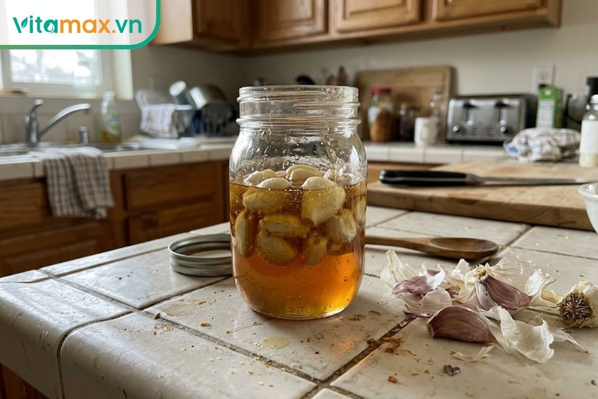 Cận cảnh hũ thủy tinh nhỏ chứa các tép tỏi đập dập đang được ngâm chìm trong mật ong đặc sánh để chữa viêm họng tại nhà.