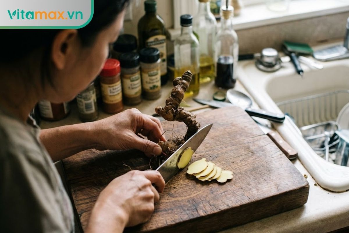 Cận cảnh cắt lát sâm Ngọc Linh thật lộ ra phần ruột màu vàng nhạt tươi, thớ thịt mịn, chắc chắn và không có nhiều xơ cứng.