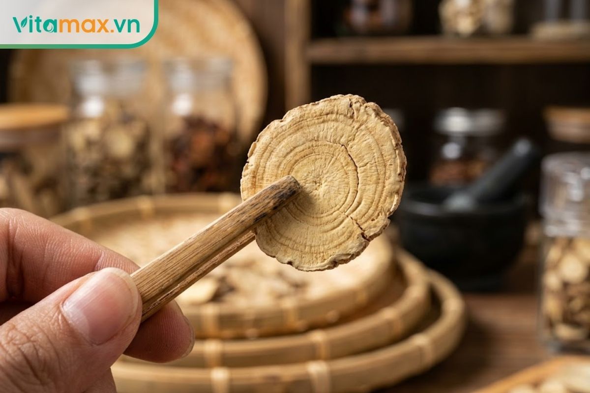 Cận cảnh một lát cắt sâm Ngọc Linh khô màu vàng đất được gắp bằng nhíp gỗ, hiển thị rõ cấu trúc đặc, giòn, không xơ và có các vòng tuổi bên trong.