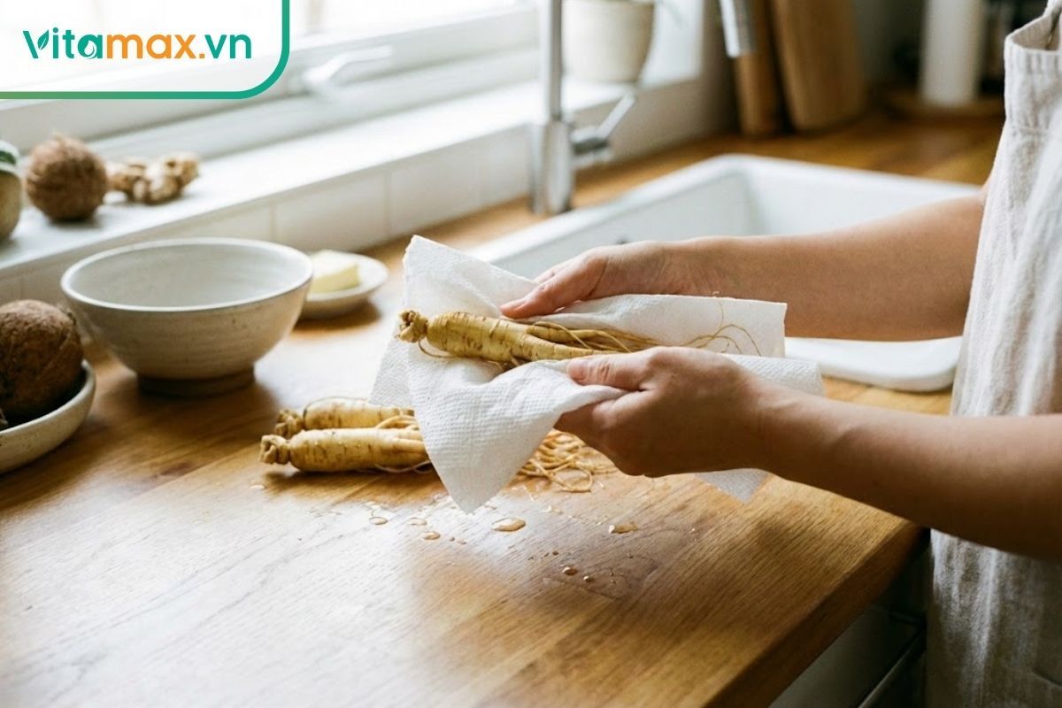 Thấm khô bề mặt sâm là bước quan trọng nhất để ngăn ngừa nấm mốc.