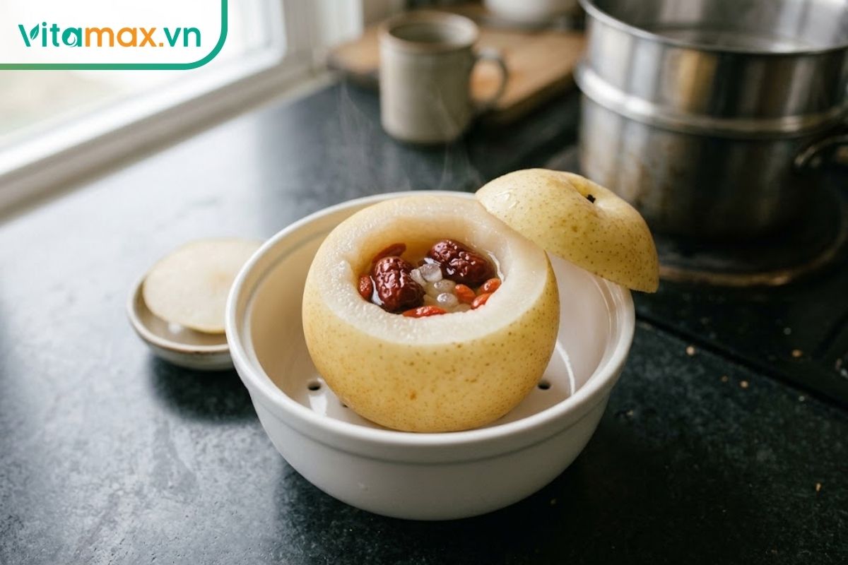 Quả lê khoét lõi chứa nước linh chi, táo đỏ và kỷ tử trong thố sứ trước khi được chưng cách thủy.