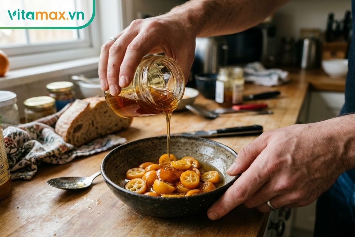 Quả lê tươi được khoét lõi, bên trong chứa những lát tắc và nước đường phèn mật ong, đặt trong một bát sứ nhỏ sau khi chưng.