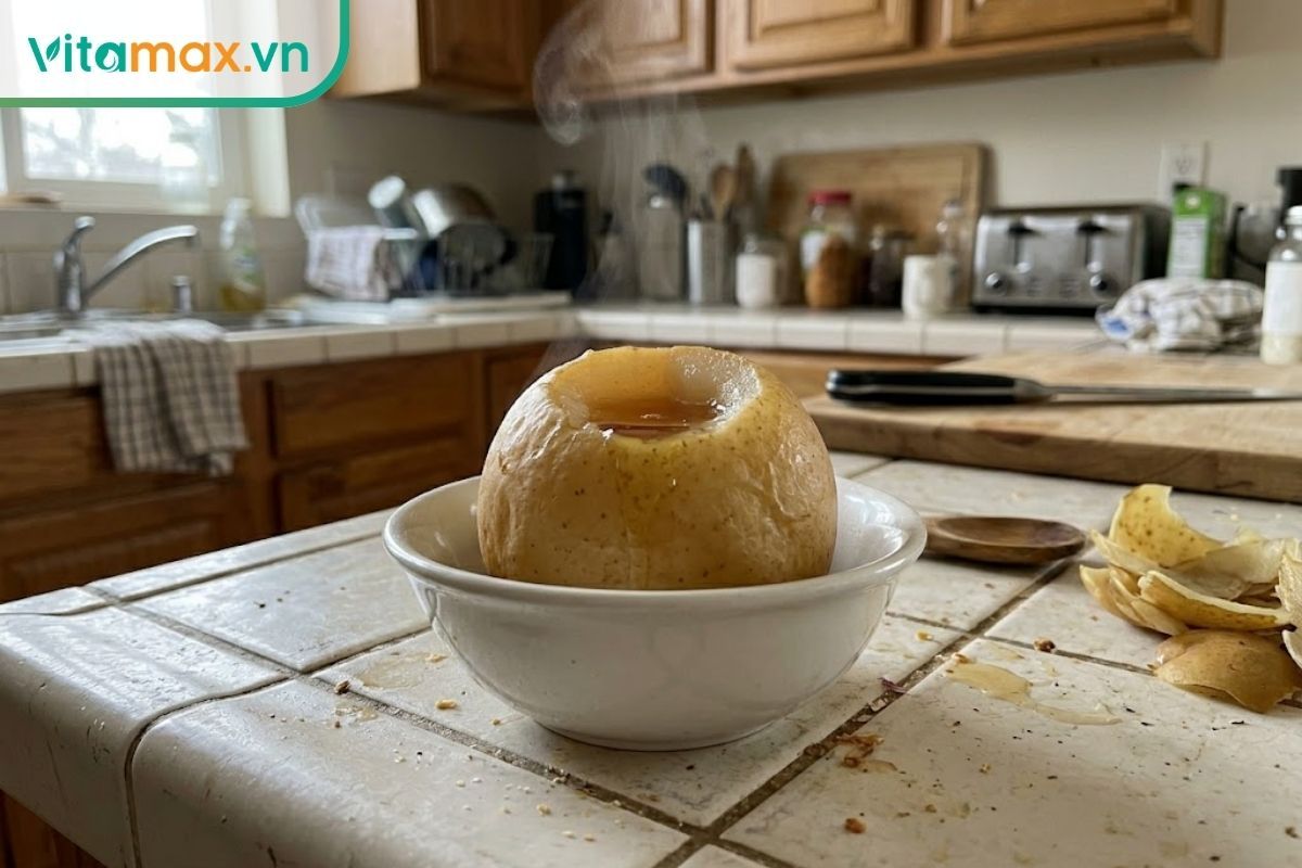 Quả lê tươi được khoét lõi và hấp cách thủy chín mềm cùng mật ong, đặt trong một chiếc bát sứ nhỏ bốc khói để trị ho khan.