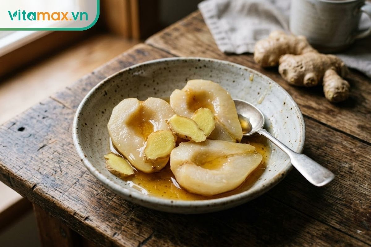 Bát lê hấp mật ong ấm nóng có điểm xuyết vài lát gừng tươi màu vàng óng, đặt trên mặt bàn ăn bằng gỗ.