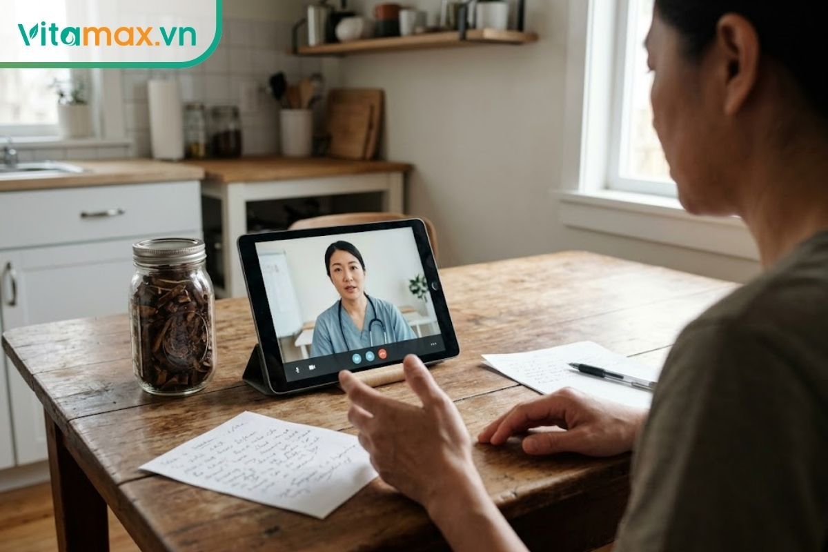 Người lớn tuổi tham khảo ý kiến bác sĩ qua máy tính bảng đặt trên bàn, minh họa việc liên hệ y tế khi nghi sử dụng thực phẩm hỏng.
