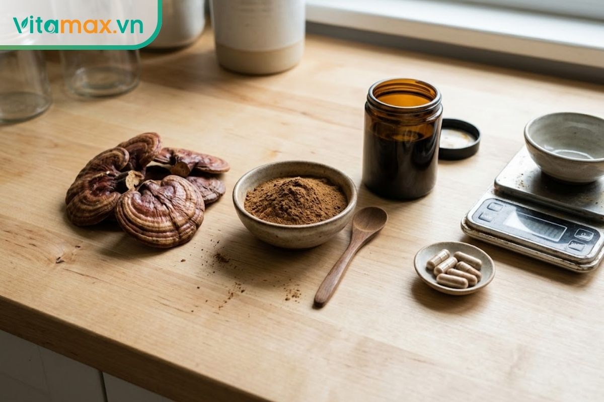 Nấm linh chi khô, bột, dạng chiết xuất và viên đặt quanh cân bếp để minh họa sự khác nhau giữa các dạng dùng.