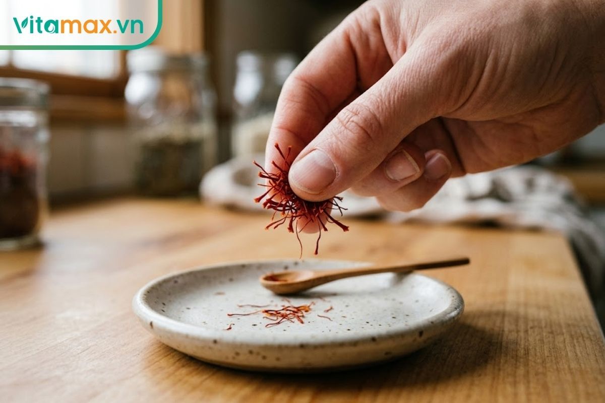 Bàn tay đang lấy một nhúm nhỏ khoảng 10-15 sợi saffron, minh họa liều dùng an toàn.