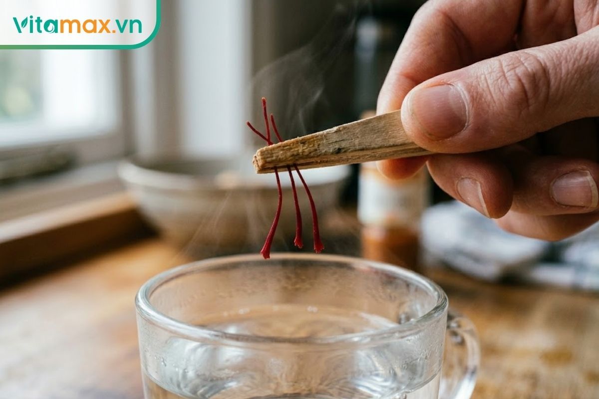 Chụp cận cảnh bàn tay đang dùng nhíp gỗ gắp chính xác 3 sợi nhụy hoa nghệ tây màu đỏ thẫm chuẩn bị thả vào ly nước ấm.