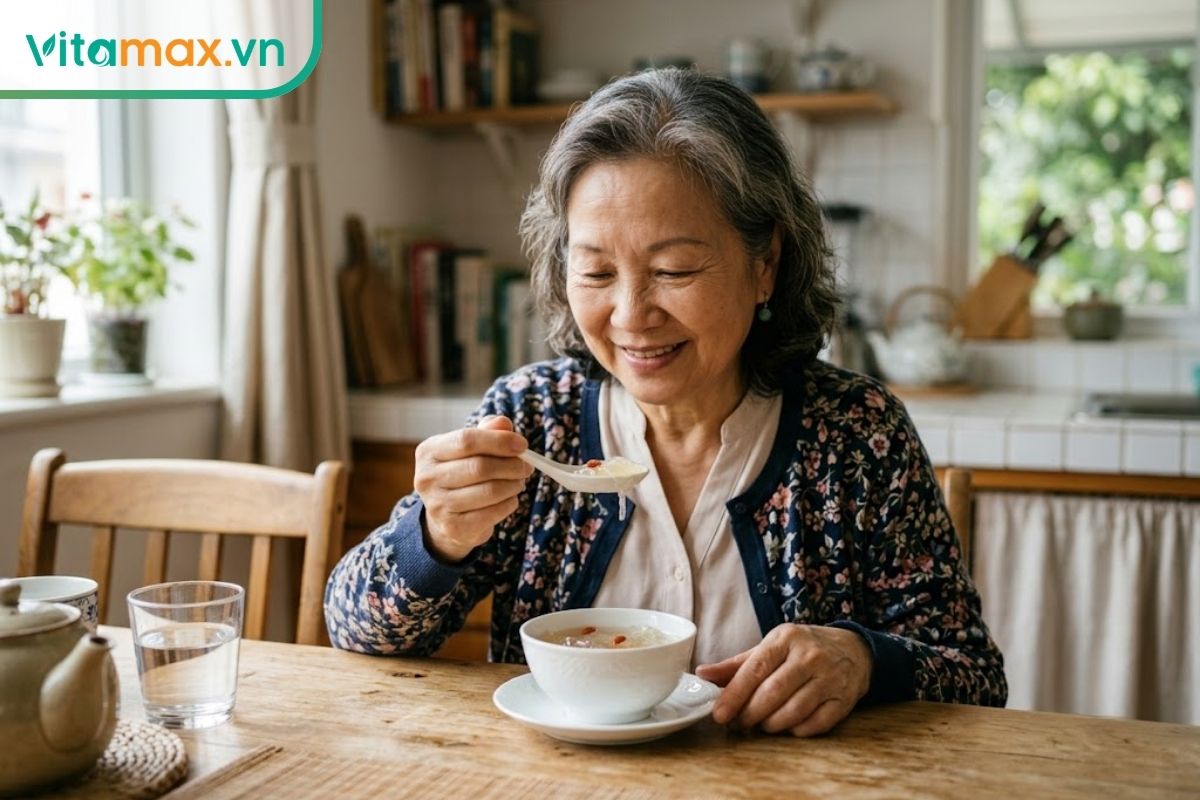 Một người phụ nữ cao tuổi đang ngồi ở bàn ăn ngập ánh sáng tự nhiên, nhẹ nhàng dùng thìa múc yến chưng từ một chiếc bát nhỏ để bồi bổ sức khỏe.