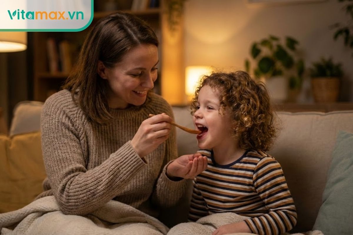 Người mẹ đang nhẹ nhàng cho bé uống nước mật ong Manuka ấm để giảm ho.