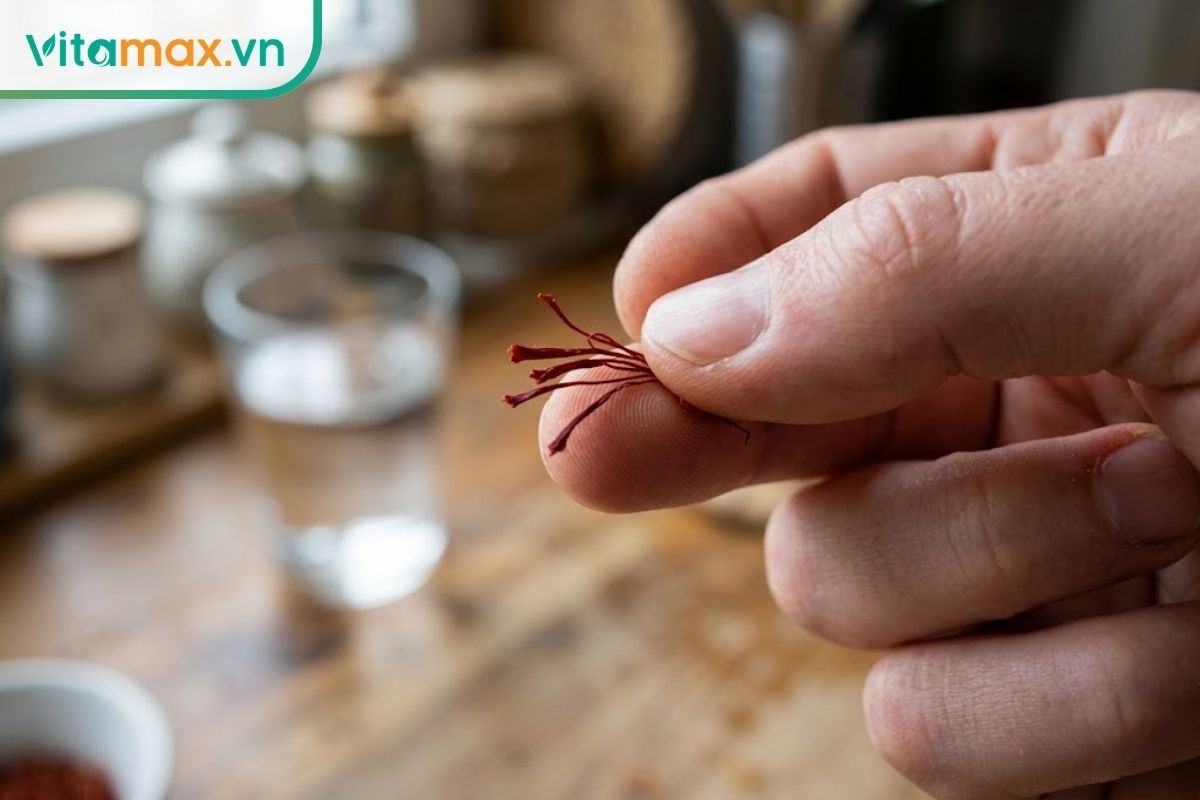 Cận cảnh các ngón tay của một người đang nhón nhẹ nhàng khoảng 5 đến 7 sợi nhụy hoa nghệ tây màu đỏ sẫm, chuẩn bị thả vào ly nước.