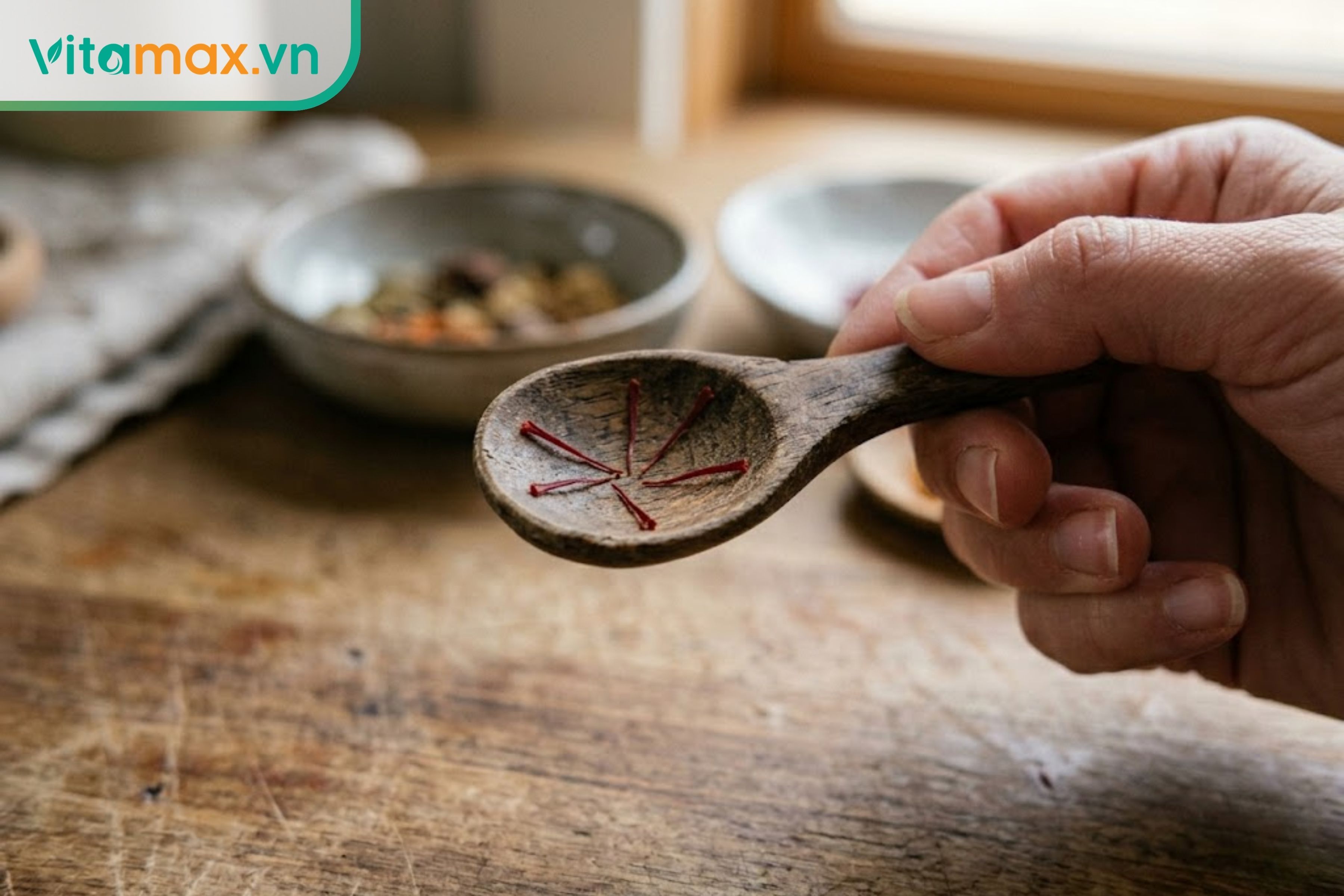 Cận cảnh 5 sợi nhụy hoa nghệ tây thật được đặt trên một chiếc thìa gỗ nhỏ để đong liều lượng uống mỗi ngày.
