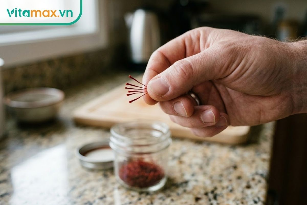 Tay người đang cầm cẩn thận vài sợi saffron khô để minh họa liều lượng dùng an toàn mỗi ngày.