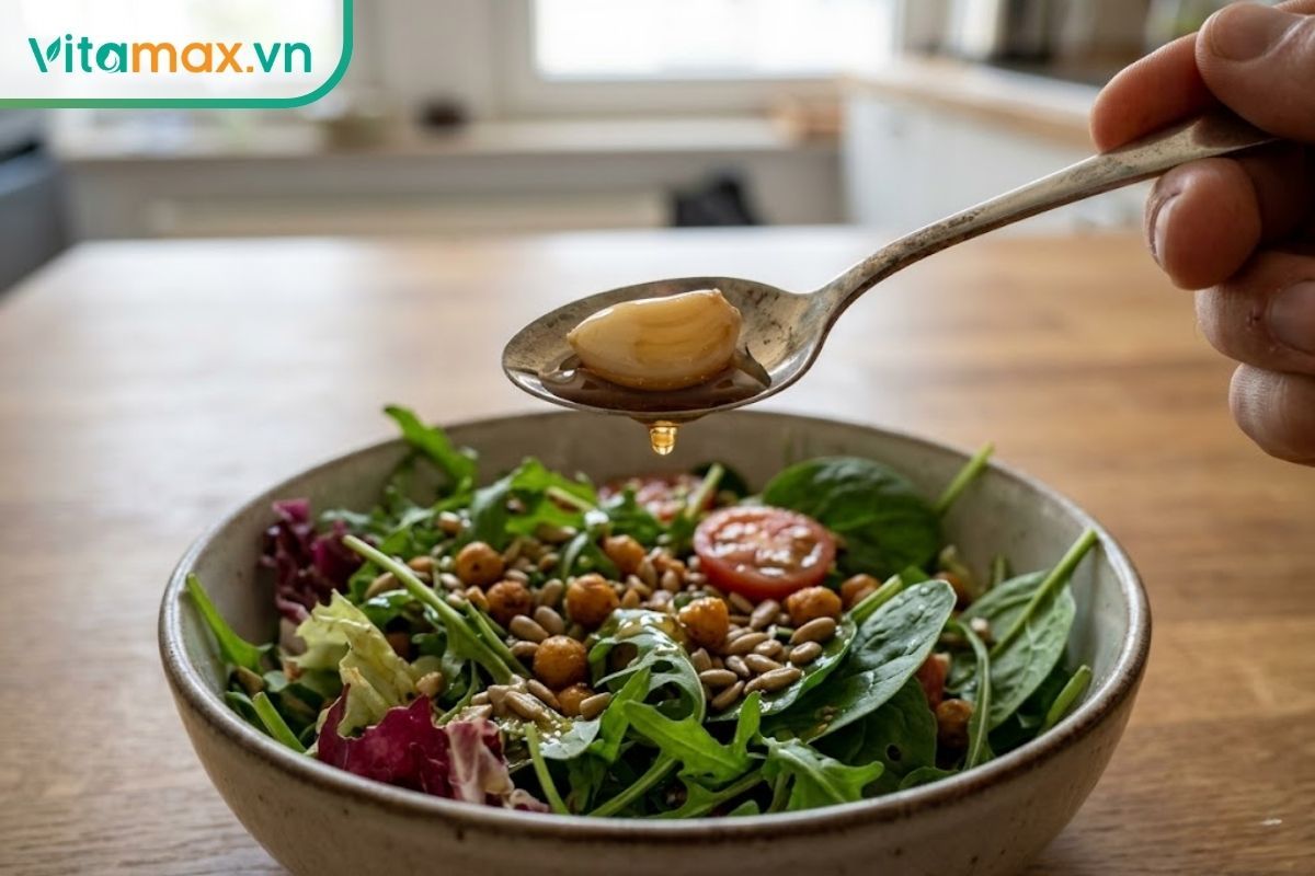 Bắt đầu sử dụng tỏi ngâm mật ong với một lượng rất nhỏ, khoảng nửa thìa cà phê ăn cùng chất xơ.