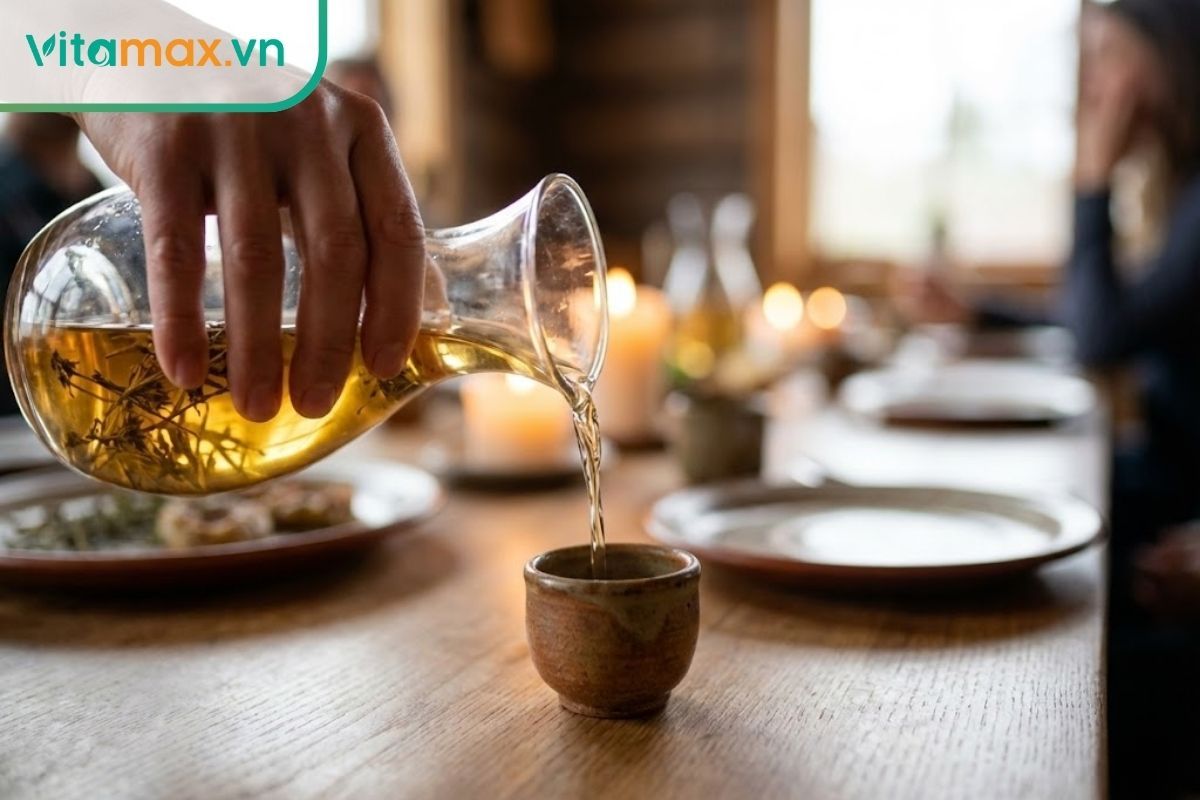 Bàn tay đang rót rượu đông trùng hạ thảo vào một chén sứ rất nhỏ để minh họa liều lượng 20ml an toàn.