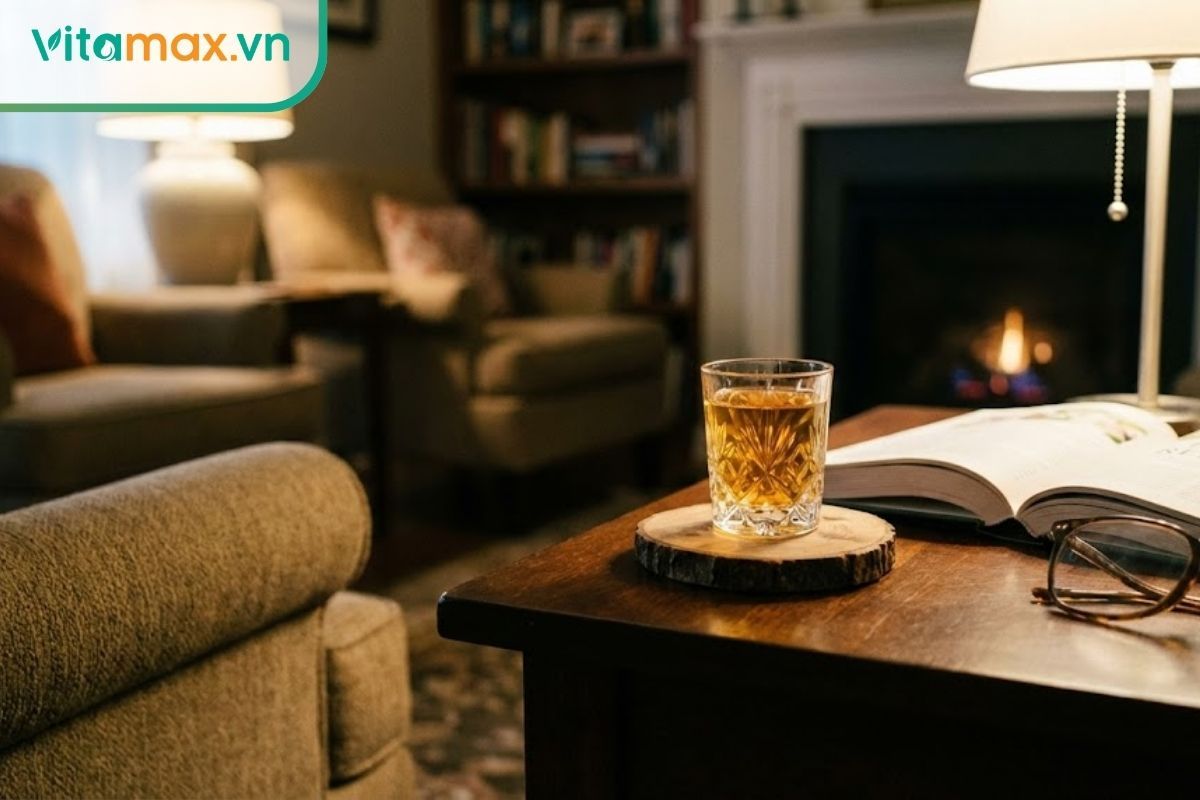ly rượu sâm nhỏ 30ml đặt trên bàn gỗ trong không gian thư giãn