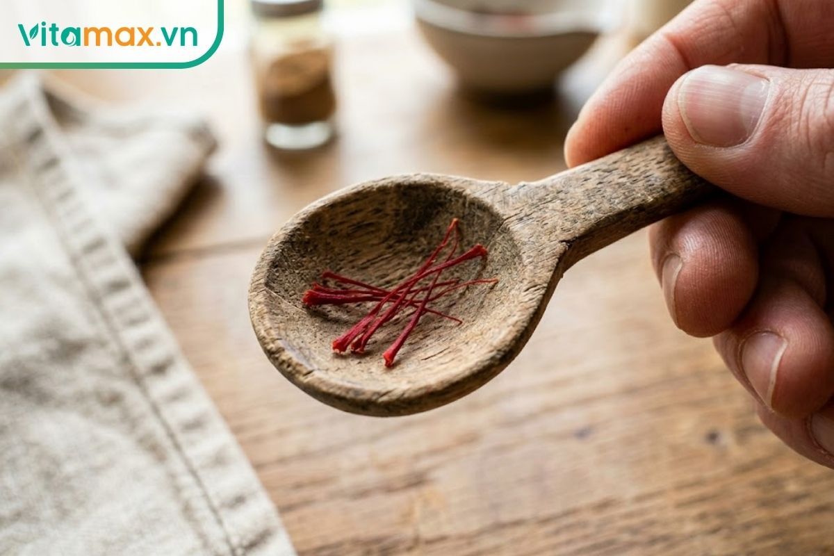 Cận cảnh 5 sợi nhụy hoa nghệ tây màu đỏ thẫm được đặt cẩn thận trên một chiếc thìa gỗ nhỏ để đong liều lượng uống hằng ngày.