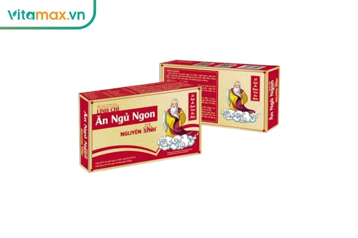 Hai hộp Linh Chi Ăn Ngủ Ngon Nguyên Sinh màu đỏ vàng, sản phẩm hướng đến nhu cầu ăn ngon và nghỉ ngơi