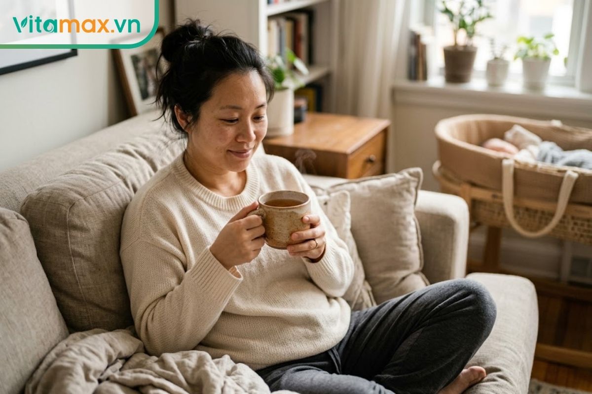 Một người mẹ trẻ gốc Á đang ngồi thư giãn trên ghế sofa, tay cầm cốc nước ấm, ánh nắng ban mai chiếu vào phòng, khuôn mặt bình yên và phục hồi sức khỏe.