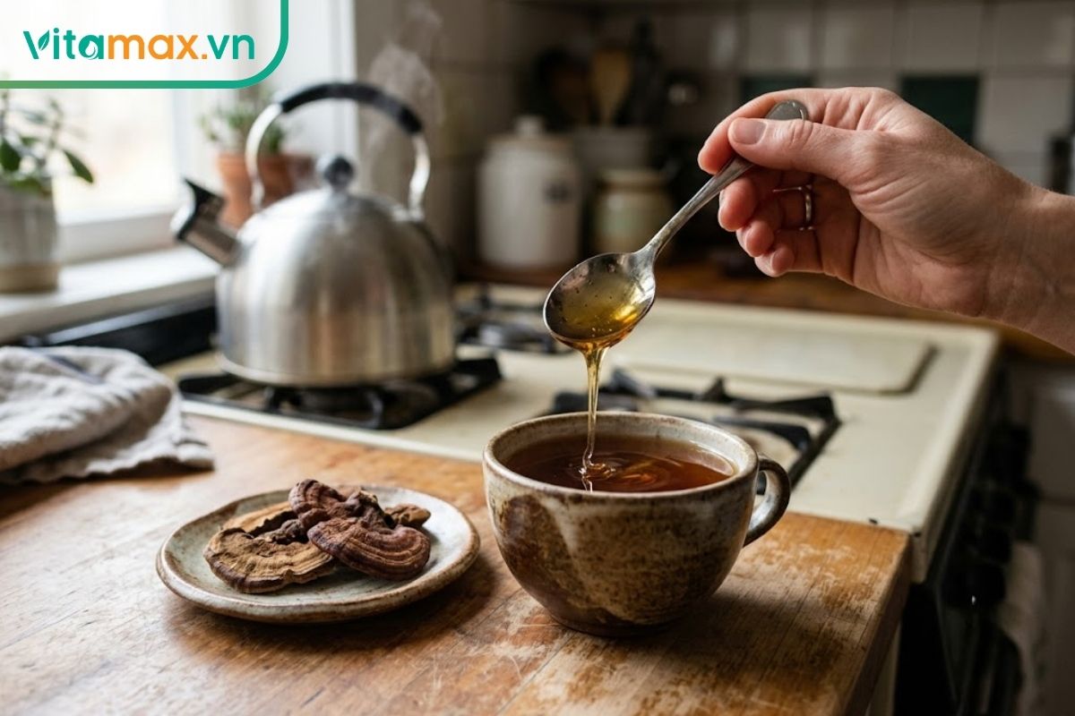 Một thìa mật ong được thêm vào cốc nước linh chi ấm trên bàn bếp, minh họa cách phối linh chi với mật ong dễ uống.