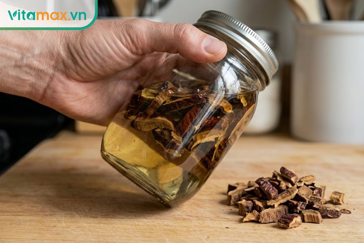 Nấm linh chi khô thái vụn được ngâm trong dầu nền trong lọ thủy tinh, minh họa cách chuẩn bị dầu dưỡng cơ thể.