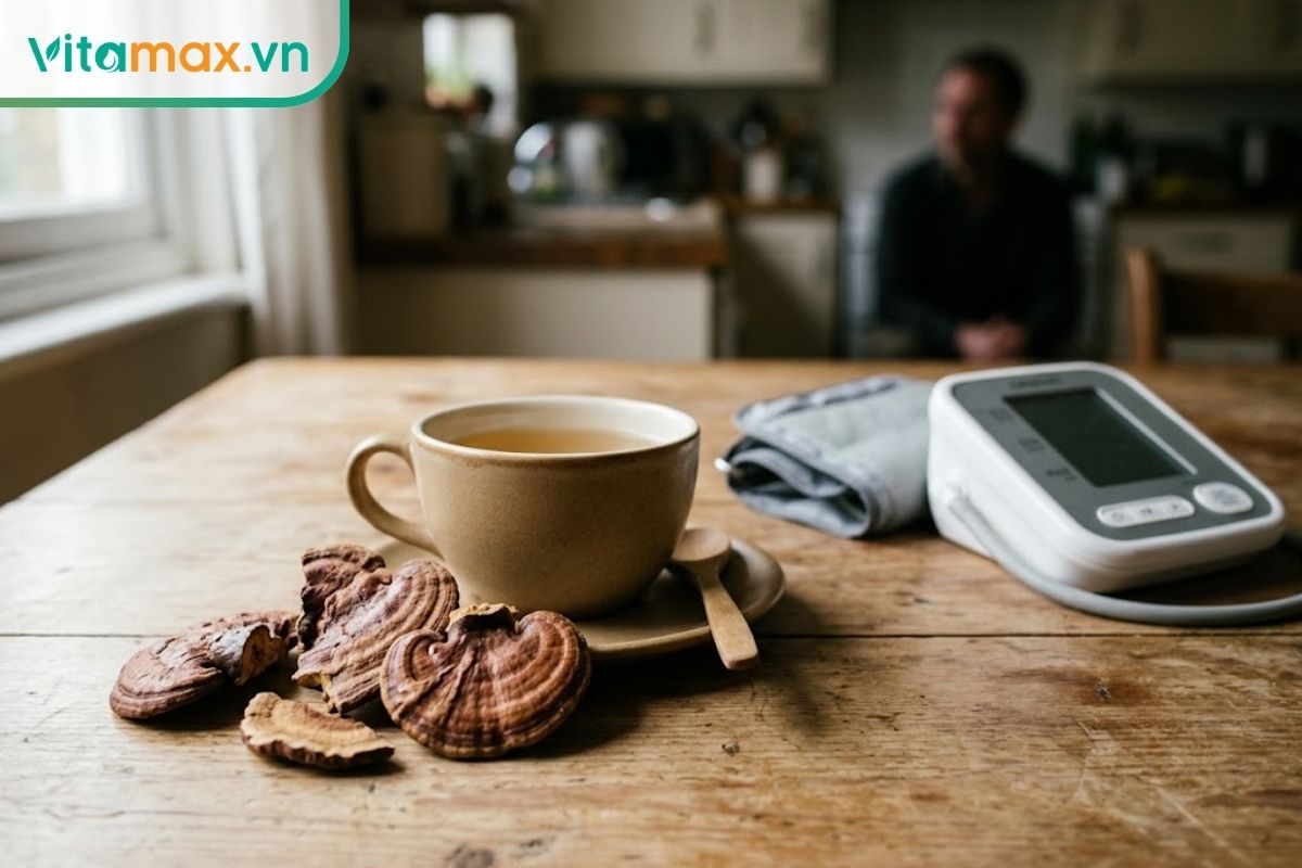 Nấm linh chi khô và trà linh chi đặt cạnh máy đo huyết áp, minh họa sự thận trọng ở người huyết áp thấp.