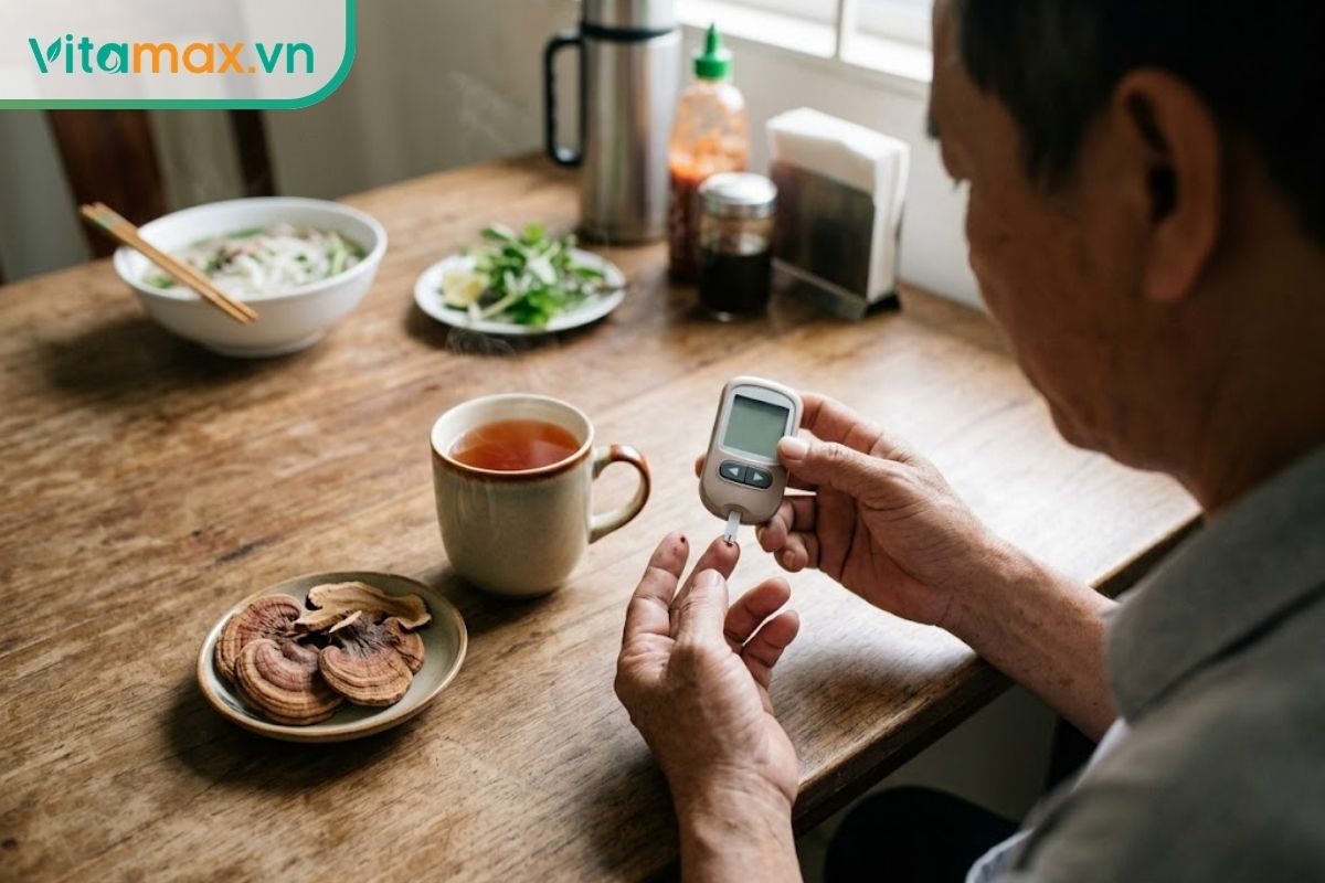 Người trưởng thành kiểm tra đường huyết tại bàn ăn, bên cạnh là tách nước linh chi và dụng cụ theo dõi đường huyết.