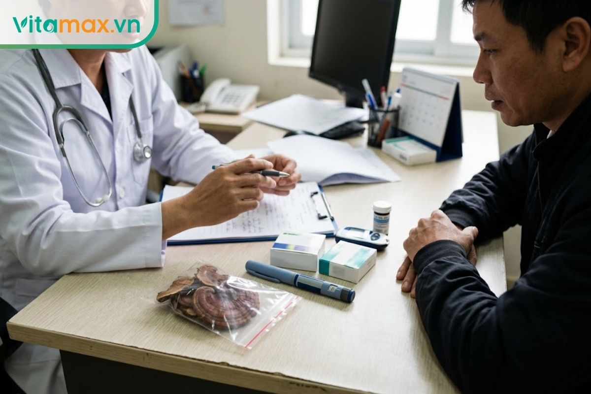Bác sĩ và người bệnh cùng xem thuốc tiểu đường, bút insulin và nấm linh chi trên bàn tư vấn tại phòng khám.