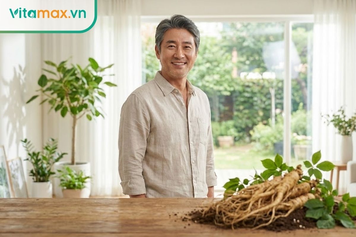 Nam giới trung niên khỏe mạnh, tràn đầy sinh lực bên cạnh hình ảnh củ nhân sâm tươi.