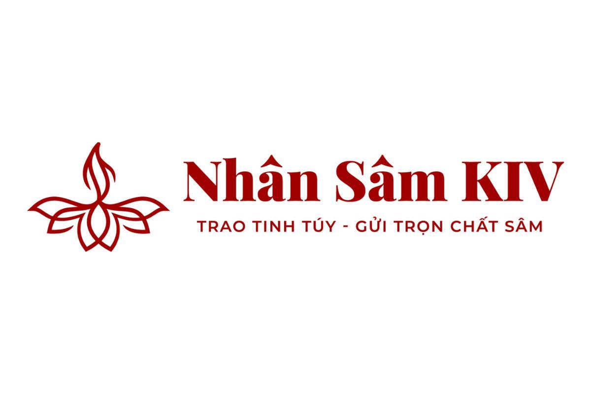Logo thương hiệu Nhân Sâm KIV với biểu tượng hoa sen cách điệu màu đỏ.