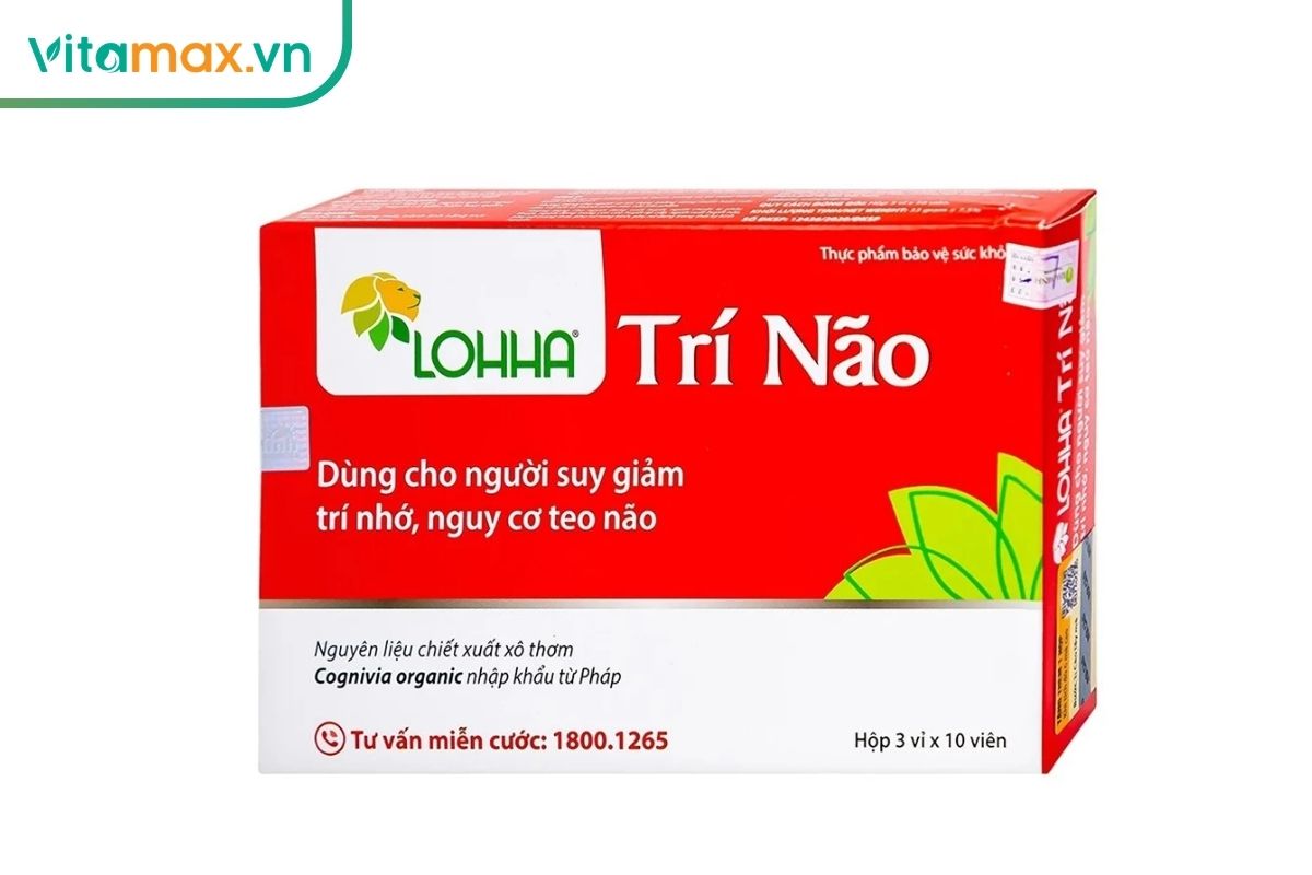 Hộp Lohha Trí Não Thái Minh màu đỏ trắng, mặt trước có tên sản phẩm, biểu tượng thương hiệu và thông tin quy cách 3 vỉ 10 viên.