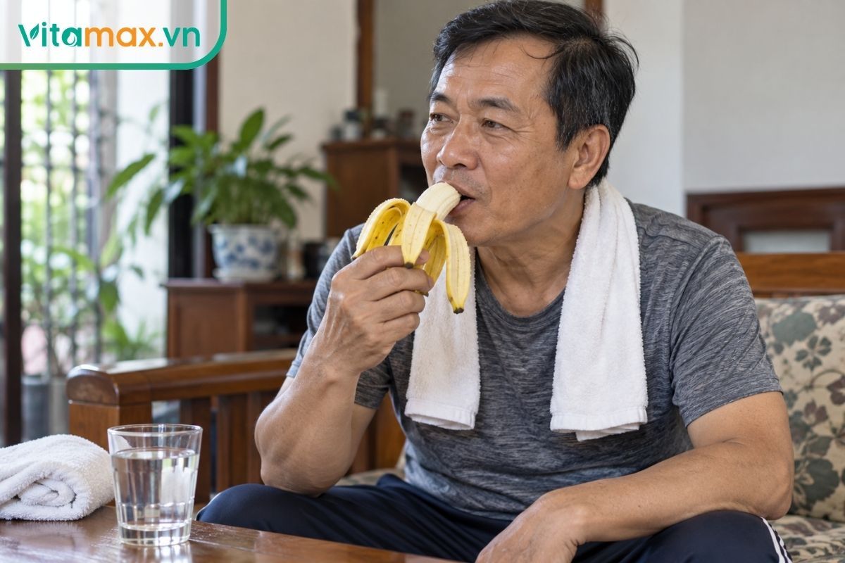 Người trung niên ăn quả chuối tiêu chín có hình dáng giống nải chuối xanh tham chiếu sau buổi vận động nhẹ tại nhà.