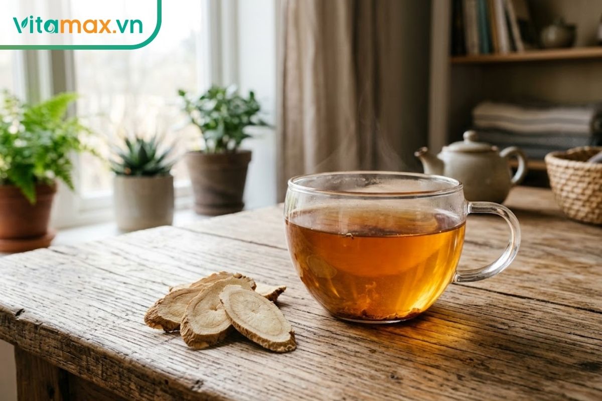 Một ly thủy tinh trong suốt đựng trà sâm Ngọc Linh màu nâu hổ phách đặt trên bàn gỗ, bên cạnh là vài lát sâm mỏng, ánh nắng ấm áp chiếu xuyên qua.