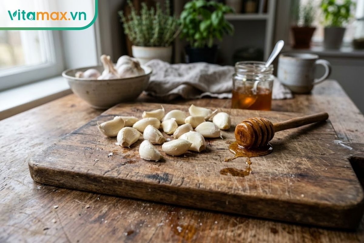 Tỏi và mật ong nguyên chất mang lại một số lợi ích hỗ trợ sức khỏe tim mạch và hệ miễn dịch.