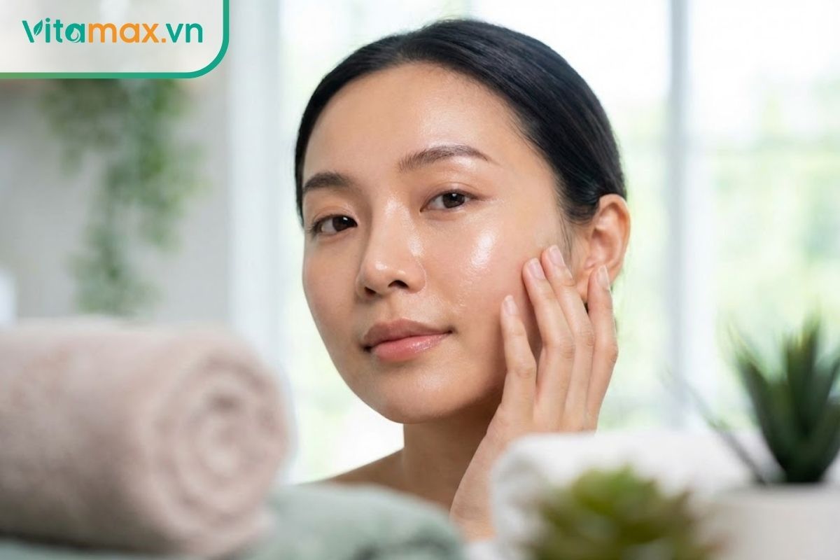 “cận cảnh làn da căng bóng mịn màng glass skin của phụ nữ nhờ nhân sâm