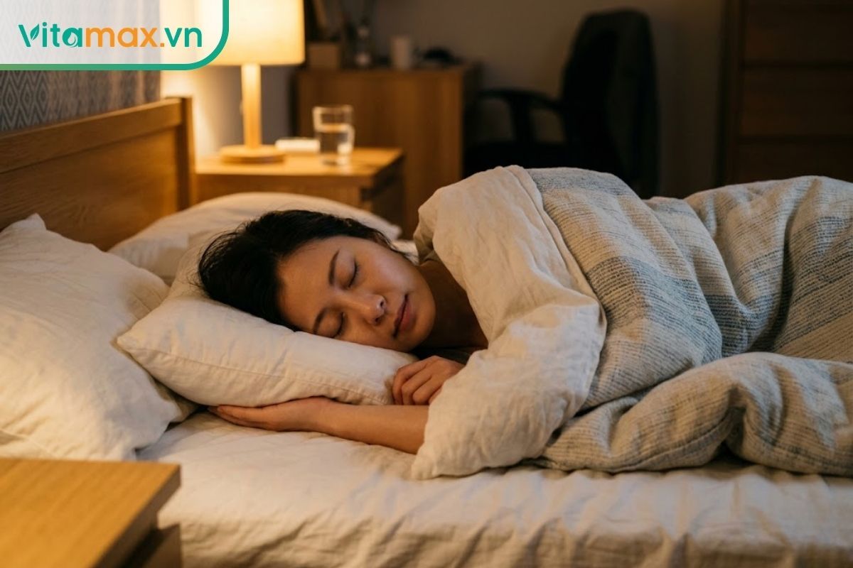 Một người phụ nữ đang ngủ say sưa và bình yên trên giường với chăn mền mềm mại, trong không gian phòng ngủ có ánh đèn ngủ ấm áp.