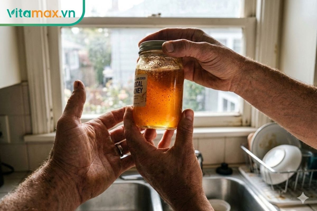 Bàn tay người dùng đang cầm một hũ mật ong nguyên chất soi dưới ánh sáng tự nhiên để kiểm tra độ đặc và chất lượng trước khi ngâm rượu.