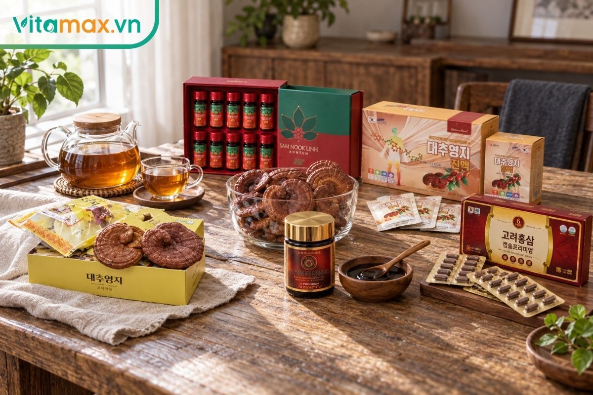 nấm linh chi khô, trà linh chi và cao linh chi được sắp xếp trên bàn gỗ trong không gian sáng tự nhiên.