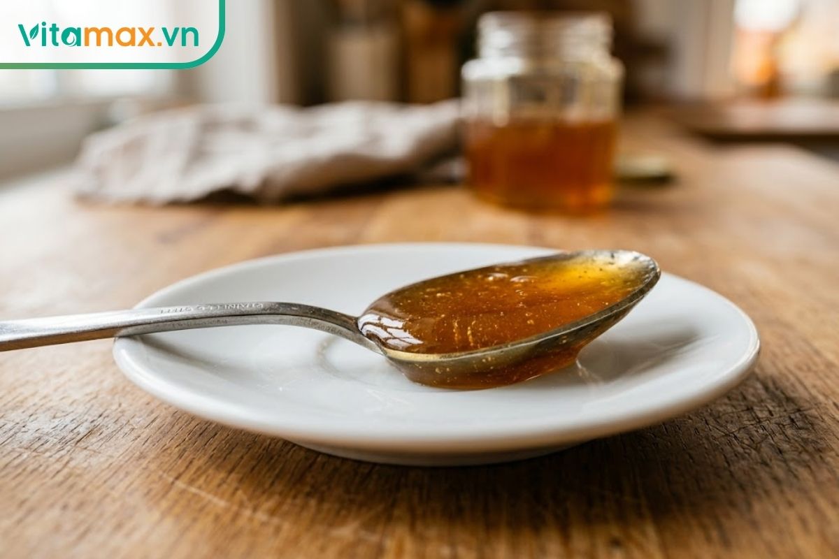 Cận cảnh một thìa canh inox chứa đầy mật ong nguyên chất màu vàng ươm đặt trên đĩa sứ trắng, minh họa cho lượng khẩu phần 21g mật ong.