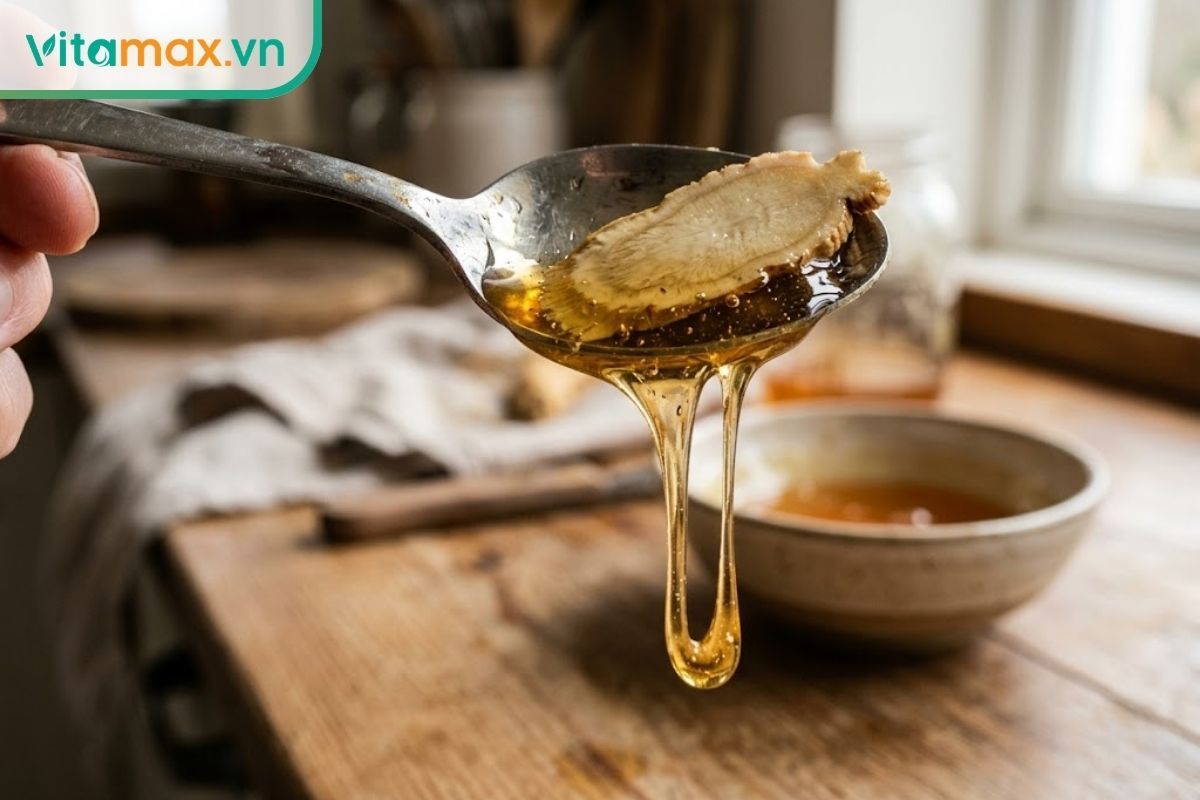 Cận cảnh muỗng sâm ngâm mật ong vàng óng, phần lớn năng lượng của món ăn đến từ lượng mật ong này.