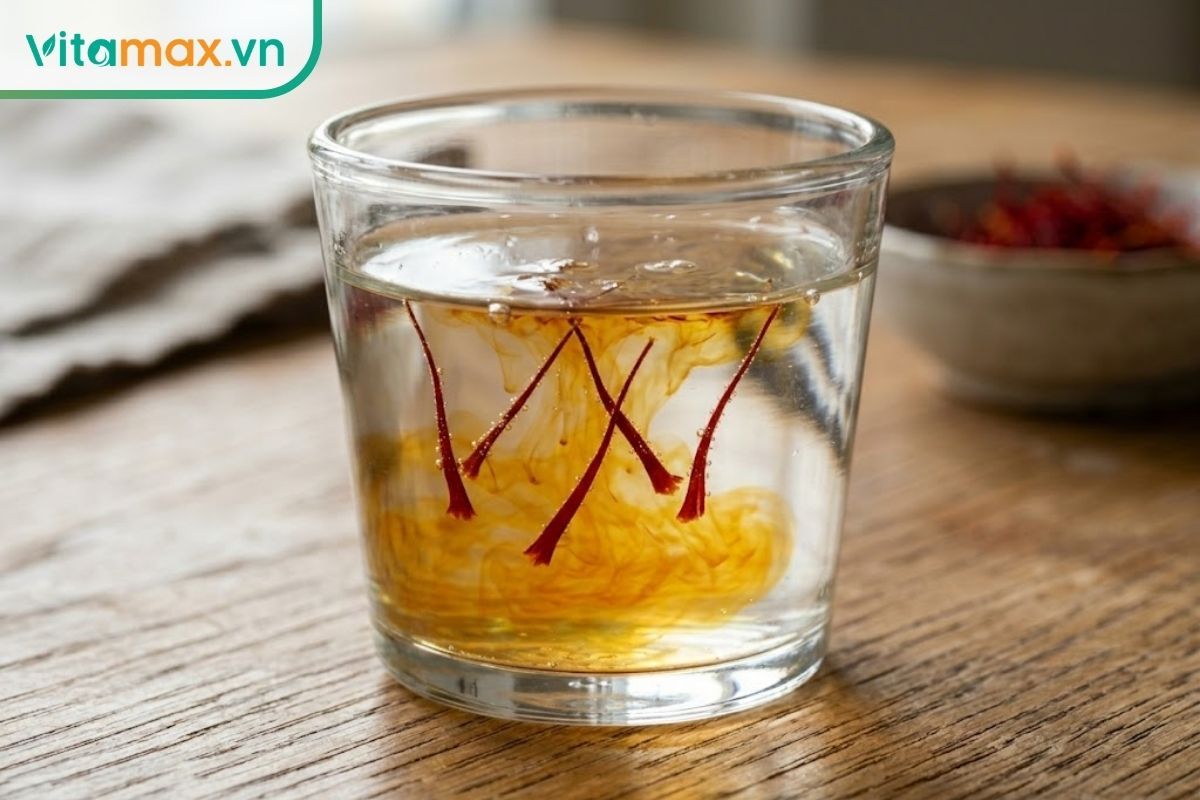 Cận cảnh 5 sợi nhụy hoa nghệ tây màu đỏ thẫm đang lơ lửng trong một cốc nước ấm trong suốt, nước bắt đầu loang ra màu vàng cam.