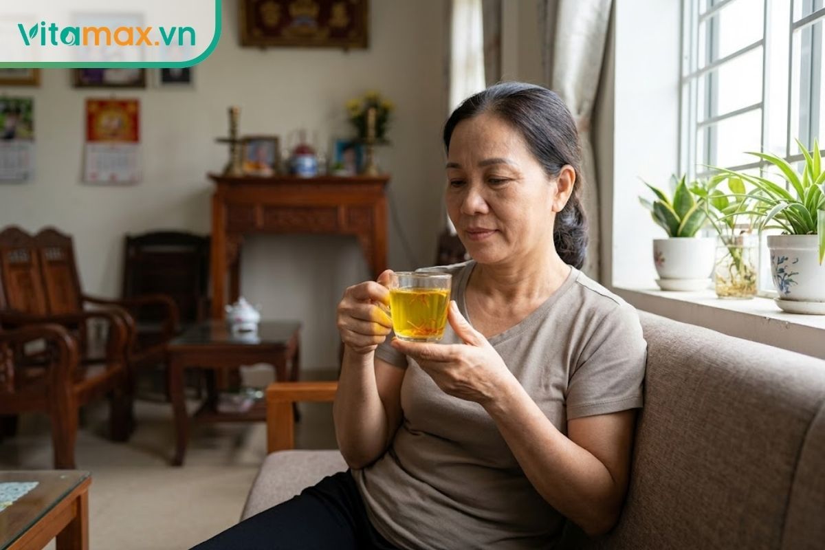 Một người phụ nữ đang ngồi thư giãn trên sofa ở phòng khách, tay cầm ly nước saffron ấm, tận hưởng buổi sáng yên bình.