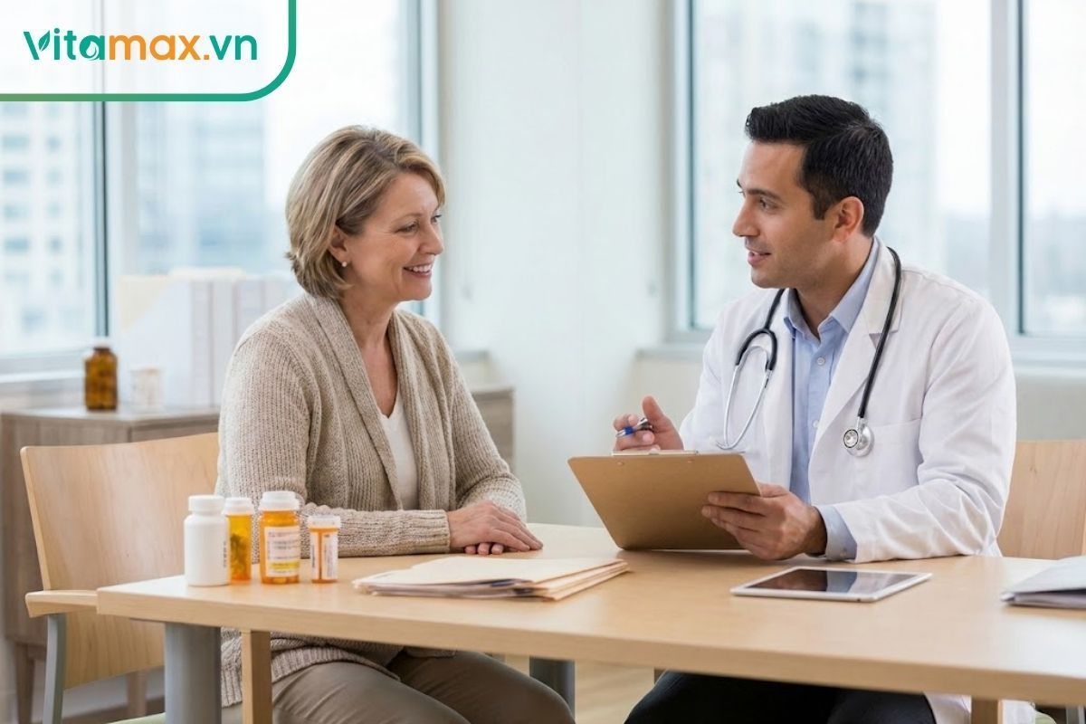 Bác sĩ đang tư vấn kỹ lưỡng cho bệnh nhân lớn tuổi về việc sử dụng thực phẩm bổ sung cùng với thuốc điều trị.