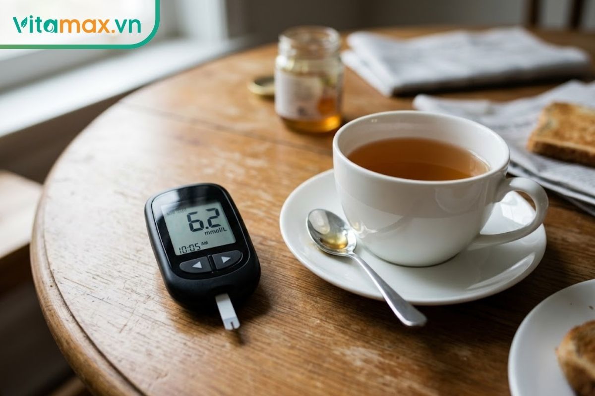 Một chiếc máy đo đường huyết cá nhân đặt trên bàn ăn cạnh tách trà ấm pha mật ong, nhắc nhở người bệnh tiểu đường theo dõi lượng đường nạp vào.