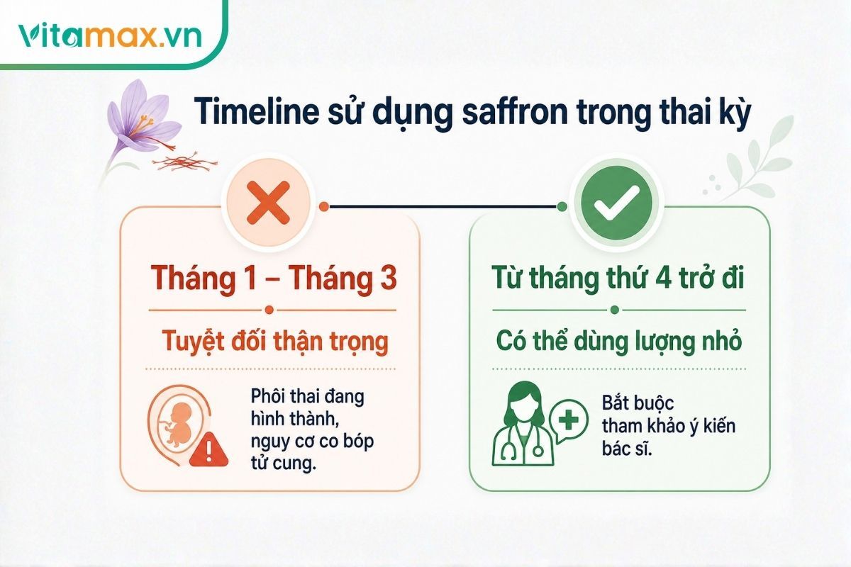 Infographic thể hiện các mốc thời gian thai kỳ. Bà bầu 3 tháng đầu không nên uống saffron, từ tháng thứ 4 có thể dùng theo chỉ định.