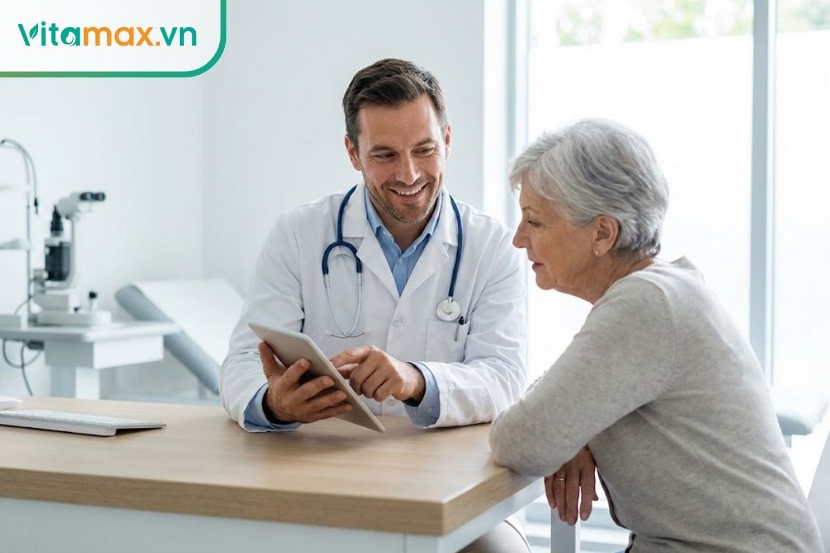 Bác sĩ đang tư vấn kỹ lưỡng cho bệnh nhân cao tuổi về liều lượng sử dụng thực phẩm bổ sung.