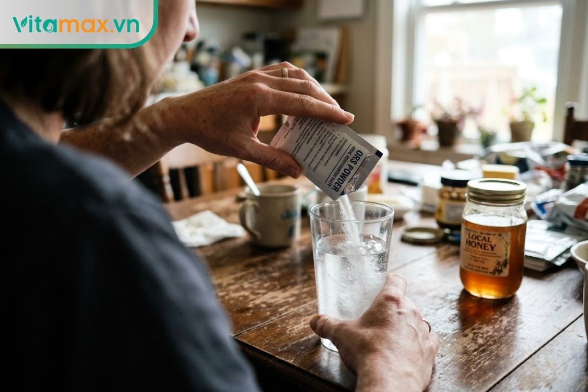 Cận cảnh đôi tay đang pha gói bột Oresol vào ly nước lọc để bù nước điện giải, lọ mật ong đóng chặt nắp ở phía sau.